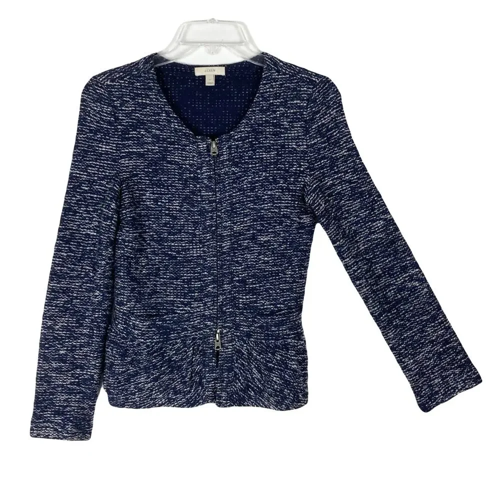 J. CREW Blazer Jacket XS Boucle Tweed Navy Ivory Peplum Zip Pocket Long-Sleeve